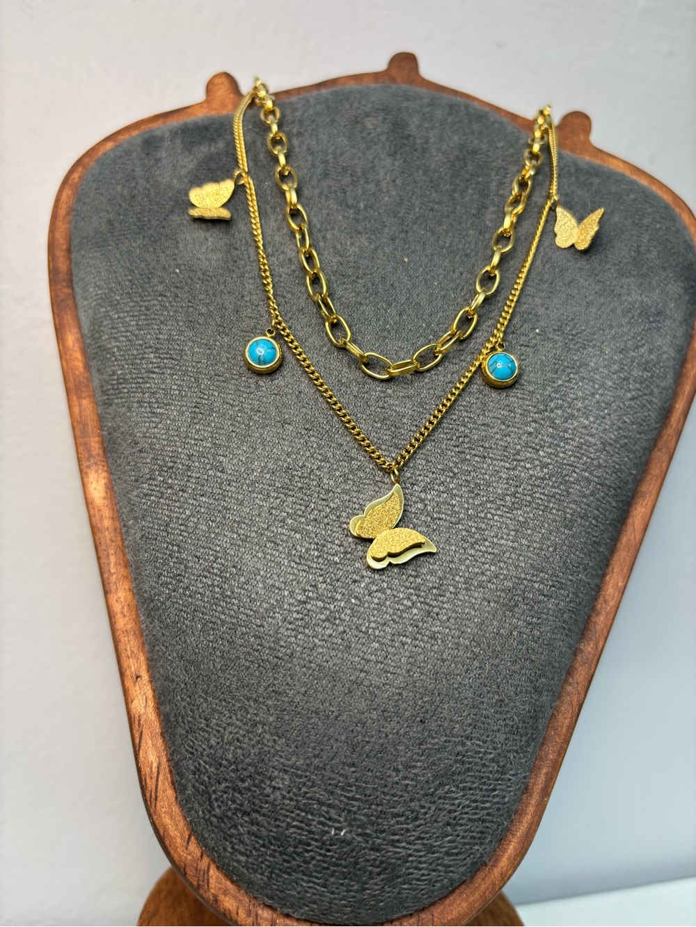 Gold Butterfly Layered Necklace with Turquoise Charm Accents - Picture 3 of 8